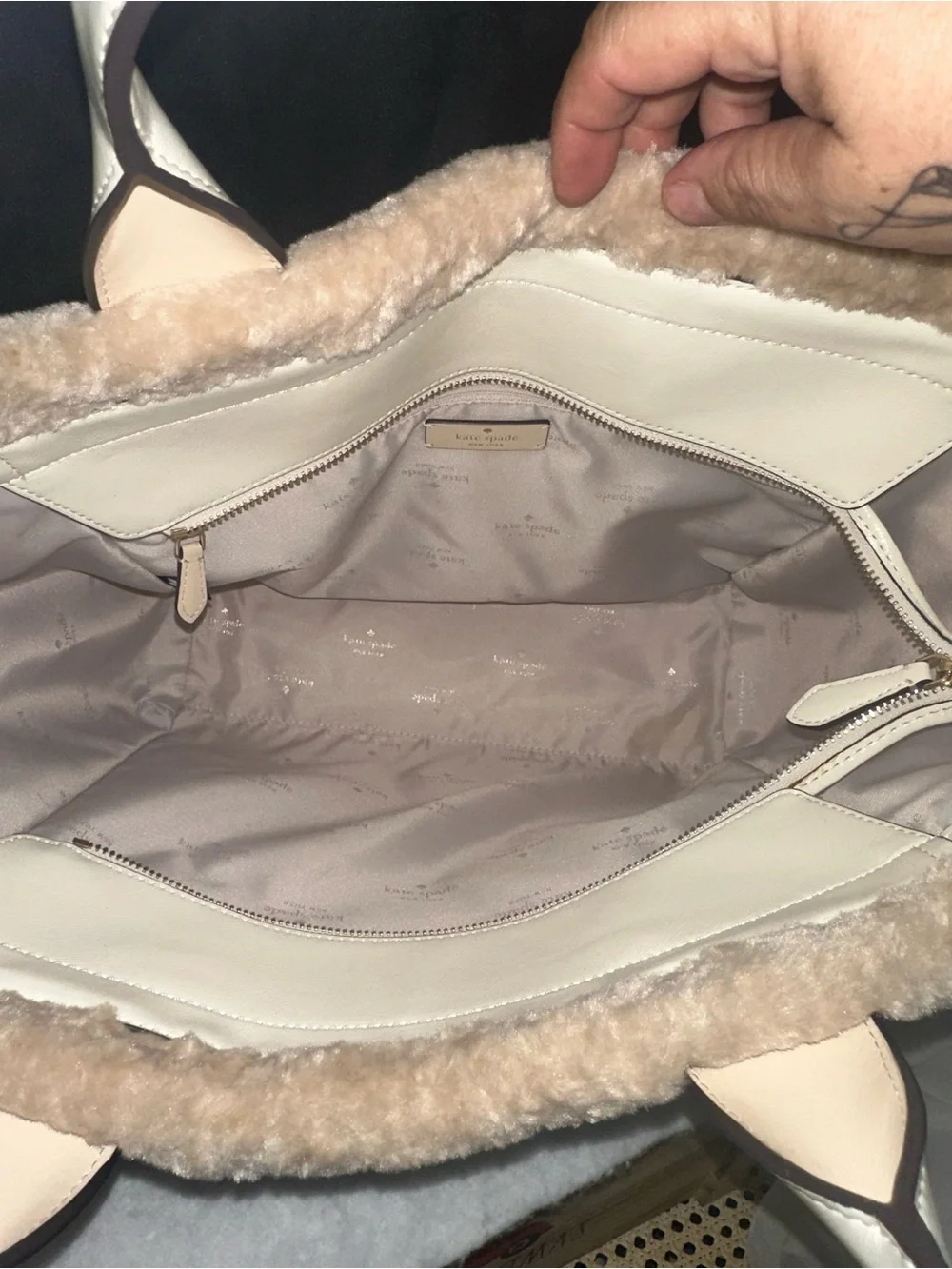 kate spade Cream Leather Tote with Shearling Trim